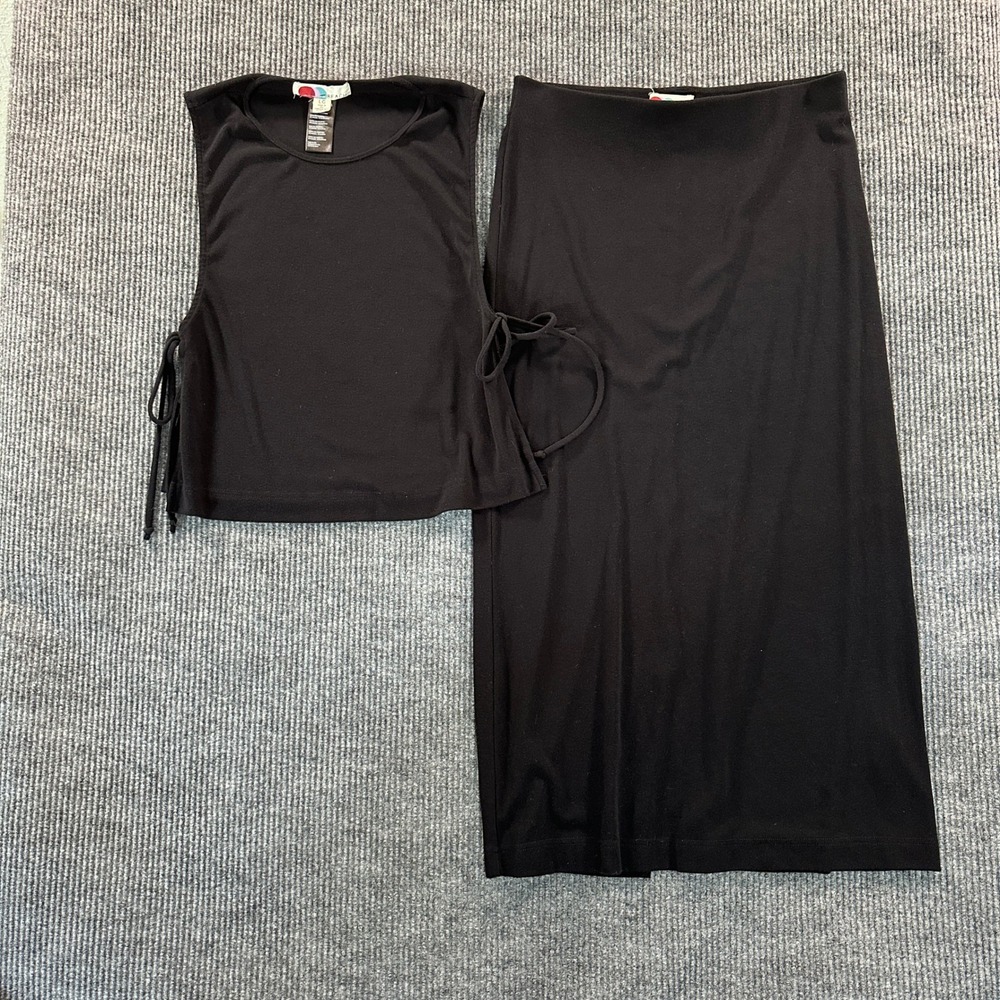 Free People Beach Women L 2 Piece Skirt Set Black Side Tie Crop Top Midi Slit